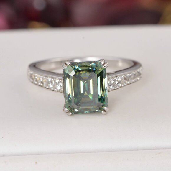 Certified 4ct Blue Green Emerald Cut Moissanite Engagement Ring 925 Sterling - Picture 1 of 10